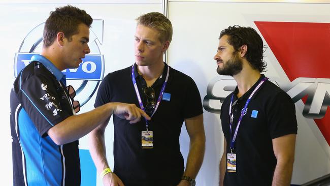 Scott McLaughlin (L) driver of the #33 Valvoline Racing GRM Volvo speaks with reigning STCC champion, Thed Bjork and Volvo Polestar Racing’s Prince Carl Philip Bernadotte. (Photo by Robert Cianflone/Getty Images)