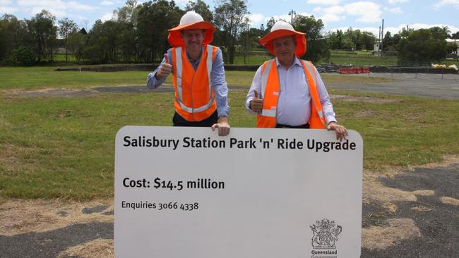 Transport and Main Roads Minister Mark Bailey and Member for Toohey Peter Russo at the new site for the Salisbury Station Park 'n Ride upgrade. Photo: Kristy Muir