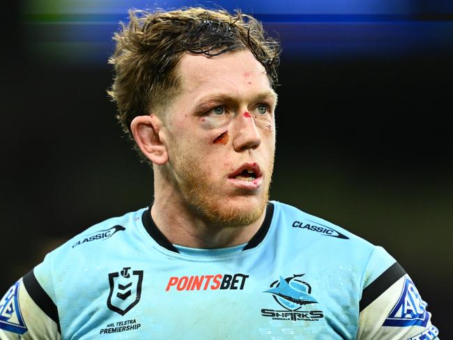 MELBOURNE, AUSTRALIA – SEPTEMBER 14: Cameron McInnes of the Sharks looks on during the NRL Qualifying Final match between Melbourne Storm and Cronulla Sharks at AAMI Park on September 14, 2024 in Melbourne, Australia. (Photo by Quinn Rooney/Getty Images)