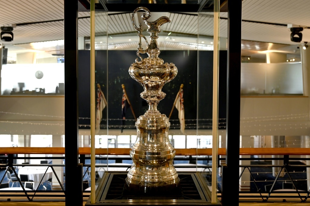 The America's Cup trophy on display at the Royal New Zealand Yacht Squadron in Auckland