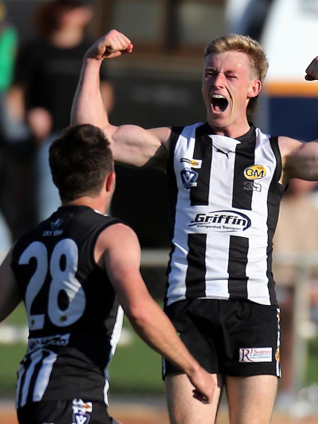 Joe Richards celebrates a goal in the Ovens and Murray league grand final. Picture: Yuri Kouzmin