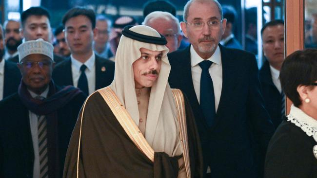 Saudi Arabia's Foreign Minister Prince Faisal bin Farhan Al-Saud (centre) arrives to a meeting with China's Foreign Minister Wang Yi and foreign ministers from Arab and Muslim-majority nations. Picture: Pedro PARDO / AFP