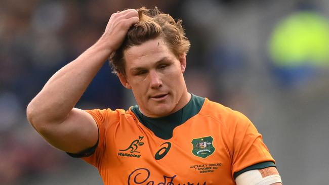 EDINBURGH, SCOTLAND - NOVEMBER 07: Wallabies captain Michael Hooper reacts after his try is disallowed during the Autumn Nations Series match between Scotland and Australia at Murrayfield Stadium on November 07, 2021 in Edinburgh, Scotland. (Photo by Stu Forster/Getty Images)