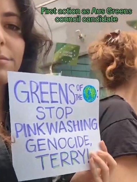 Greens candidate Izabella Antoniou protests against fellow German Greens at the European Parliament.