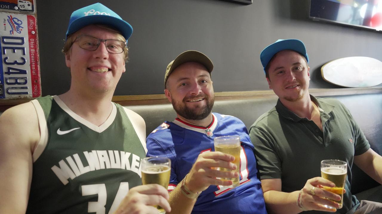 Enjoying the Super Bowl party at Tailgate Sports Bar in the Toowoomba CBD are (from left) Ben Meredith, Dylan Carey and Julian Bodenmann.