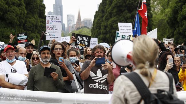 Anti-lockdown protesters at the Shrine of Remembrance in Melbourne in October. Picture: NCA NewsWire / Daniel Pockett