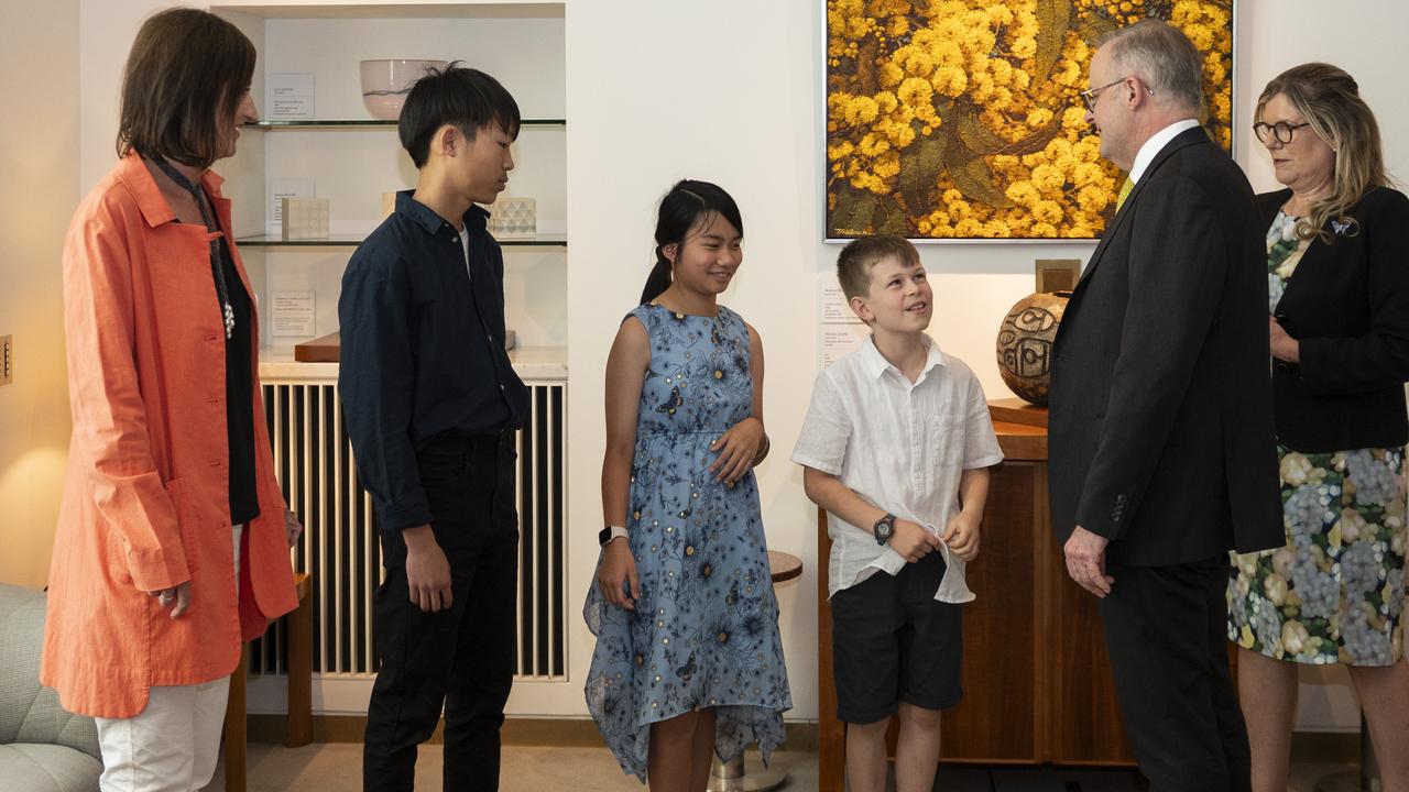 The three national Spelling Bee champions chat with Prime Minister Anthony Albanese. Picture: NCA NewsWire/Martin Ollman
