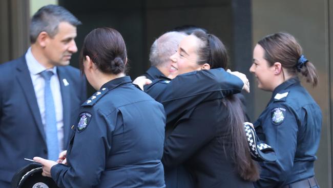 Partner of Senior Constable Kevin King, Sharron Mackenzie arrives at court. Picture: NCA NewsWire / David Crosling