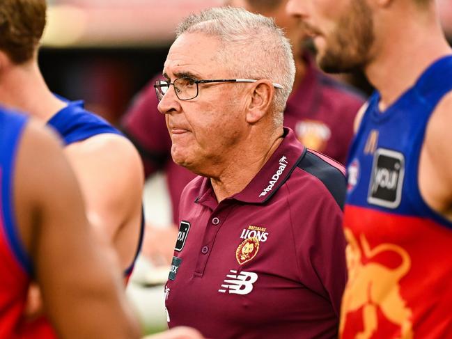 PERTH, AUSTRALIA - MARCH 17: Chris Fagan, Senior Coach of the Lions with his team at the break during the 2024 AFL Round 01 match between the Fremantle Dockers and the Brisbane Lions at Optus Stadium on March 17, 2024 in Perth, Australia. (Photo by Daniel Carson/AFL Photos via Getty Images)