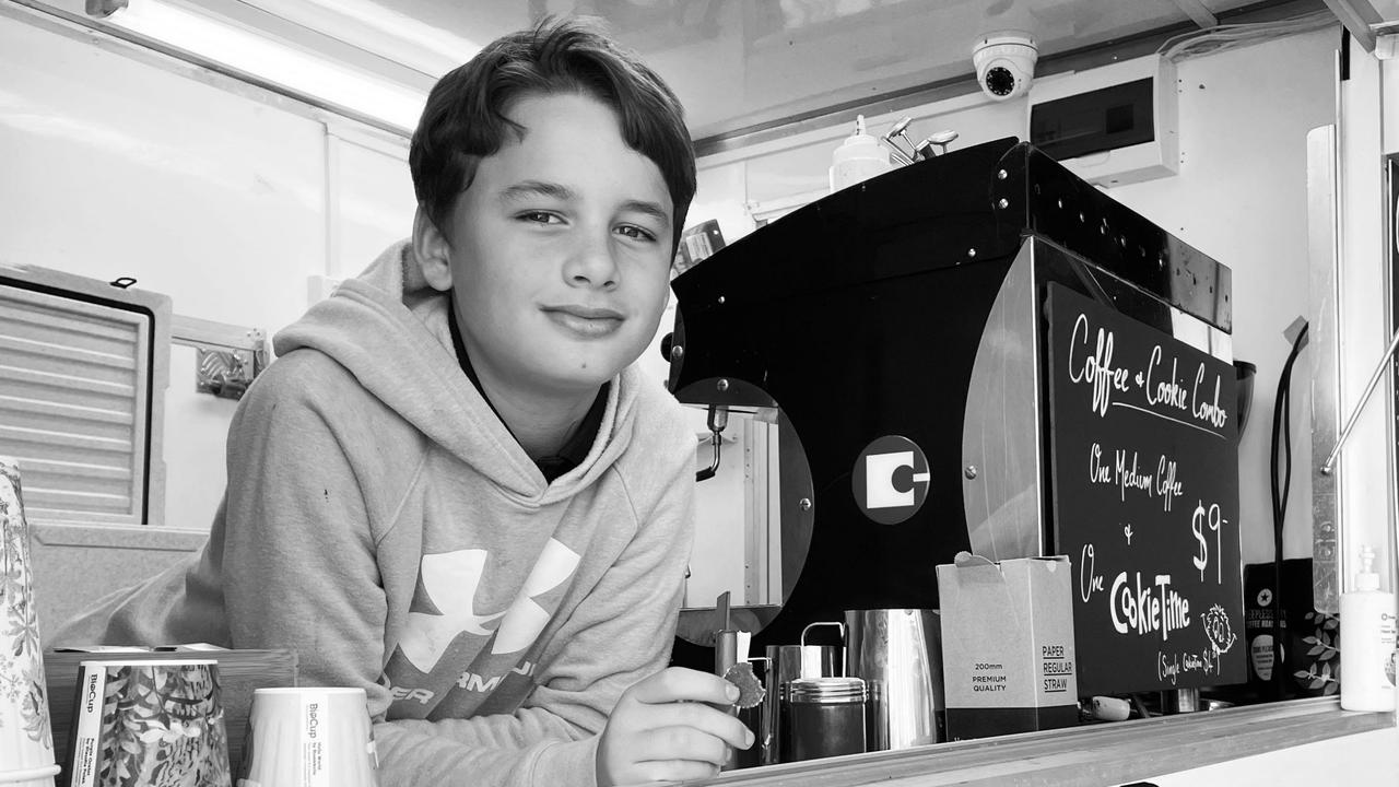 Rolling Espresso owner Jason Newton’s son Xavier helps make coffee on the weekends.