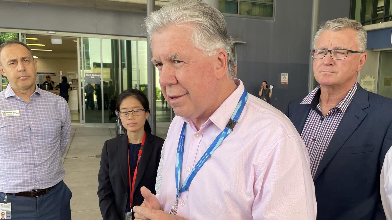 Townsville Hospital and Health Service chairman Tony Mooney said the board had held a meeting on Monday morning involving an incident that would require investigation, but he apologised publicly to the alleged victim involved, as acting CEO Stephen Eaton, staff and Mundingburra MP Les Walker looks on. Picture: Chris Burns