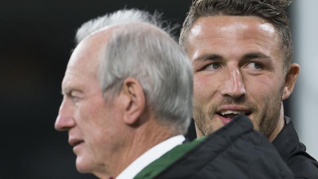 Sam Burgess with Rabbitohs coach Wayne Bennett. Picture: AAP Image/Craig Golding