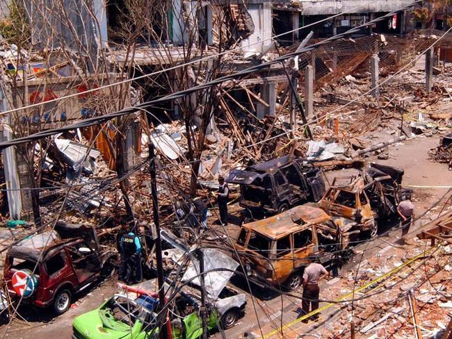 DENPASAR, BALI, INDONESIA - OCTOBER 16:  A view of the bomb blast site on October 16, 2002 in Denpasar, Bali, Indonesia. The blast occurred in the popular tourist area of Kuta on October 12, leaving more than 180 people dead and 132 injured, with the death toll expected to rise. (Photo by Edy Purnomo/Getty Images)