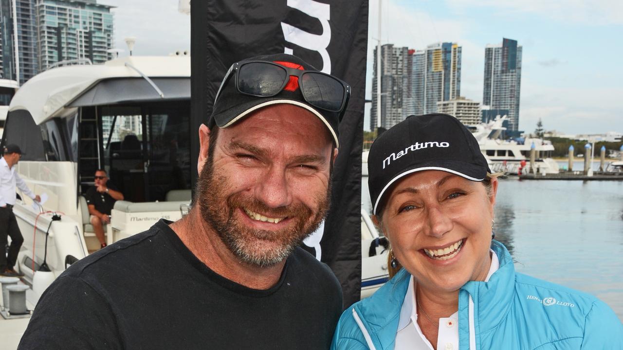 Grant Fowler and Jeni Bone at Maritimo 11 farewell party at Southport Yacht Club, Main Beach. Pic: Regina King