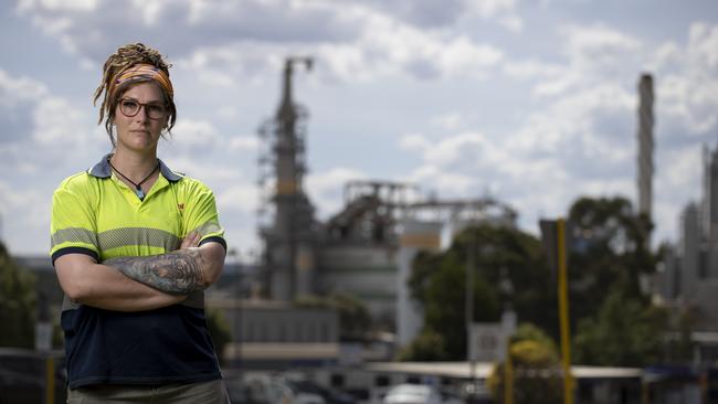 Stacie Sawyer outside the Opal Australian Paper mill at Maryvale, in the Latrobe Valley. Picture: Arsineh Houspian