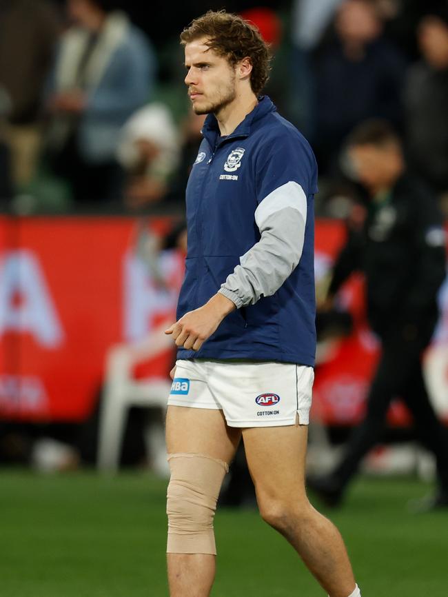 Jake Kolodjashnij after he was subbed out of the match against the Pies. (Photo by Michael Willson/AFL Photos via Getty Images)