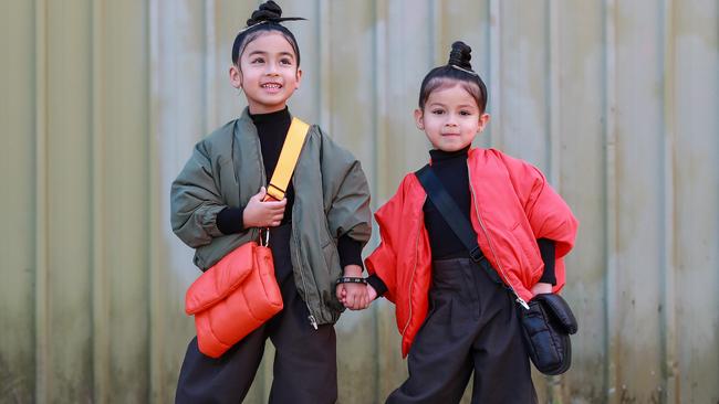 Sister mini-influencers Mia, 5, and Tatiana Escalante, 3, during Australian Fashion Week, Sydney. Picture: Justin Lloyd