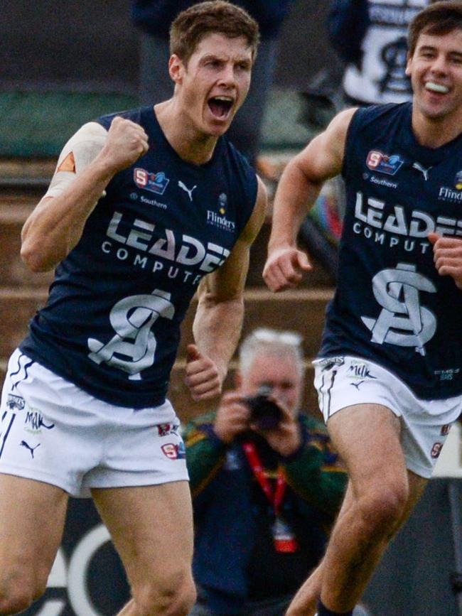 Matt Rose celebrates kicking a goal for South Adelaide against the Eagles. Picture: Brenton Edwards.