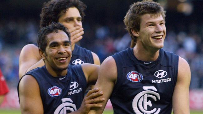 Carlton’s Eddie Betts and Bryce Gibbs celebrate a goal during a game in 2008