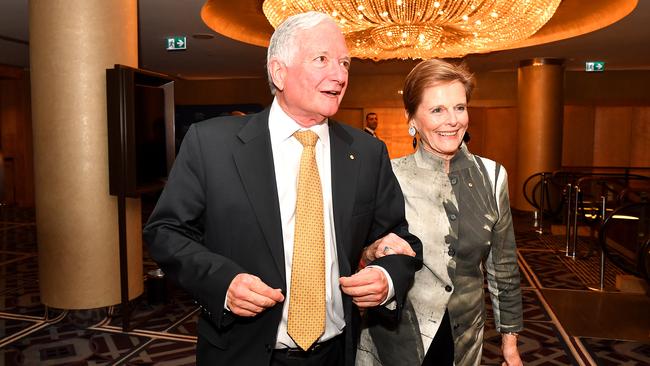 Former New South Wales Premier Nick Greiner arrives with Carolyn Fletcher at the Liberals’ post-election function. Picture: AAP