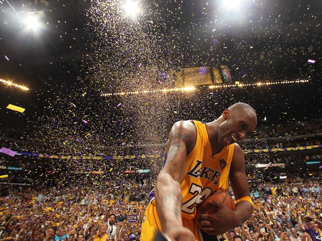 Kobe Bryant #24 of the Los Angeles Lakers celebrates after winning over the Boston Celtics in Game Seven of the 2010 NBA Finals on June 17, 2010 at Staples Center in Los Angeles, California. Picture: Getty