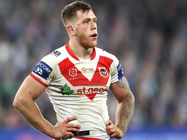 SYDNEY, AUSTRALIA - JUNE 26: Cameron McInnes of the Dragons looks dejected during the round seven NRL match between the Sydney Roosters and the St George Illawarra Dragons at Bankwest Stadium on June 26, 2020 in Sydney, Australia. (Photo by Cameron Spencer/Getty Images)