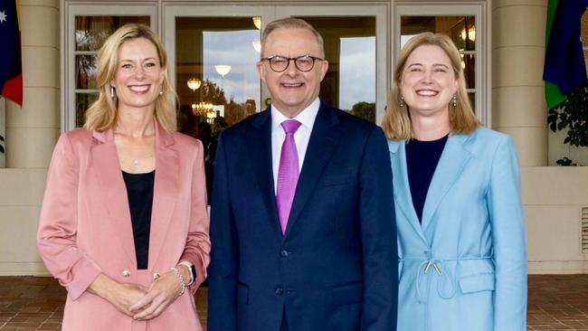 Prime Minister Anthony Albanese with his new Assistant Minister for Health, Indigenous Health and Women Rebecca White and Minister for Agriculture, Fisheries and Forestry Julie Collins.