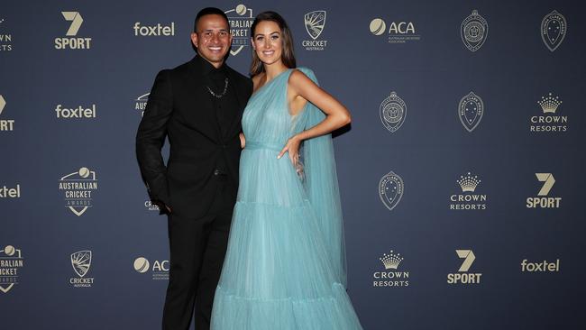 Usman and Rachel Khawaja arrive ahead of the 2020 Cricket Australia Awards at Crown Palladium on February 10, 2020 in Melbourne. Picture: Graham Denholm/Getty Images