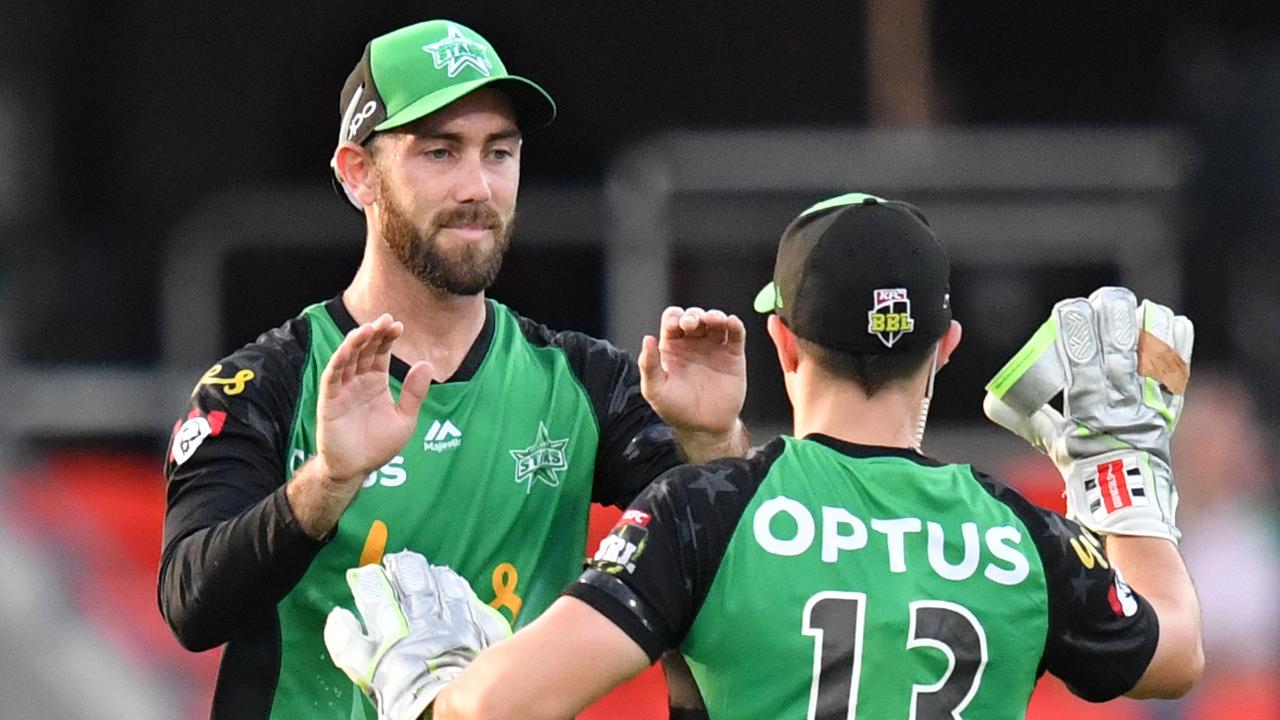 Glenn Maxwell of the Stars celebrates with Seb Gotch.