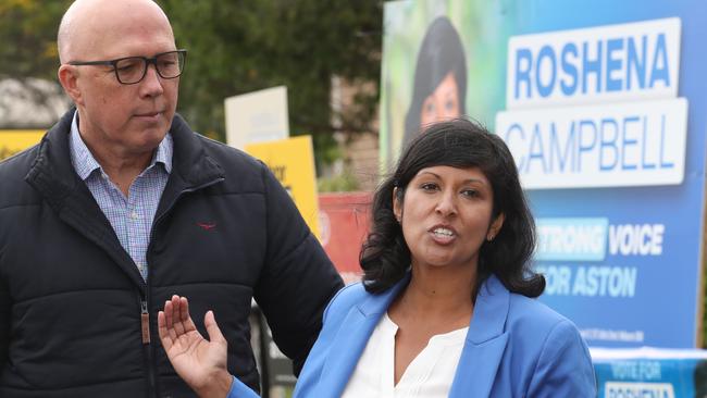 2023 Aston by-Election. Liberal party candidate Roshena Campbell campaigning at Lysterfield Primary School with Liberal party leader Peter Dutton. Saturday, April 1, 2023. Picture: David Crosling