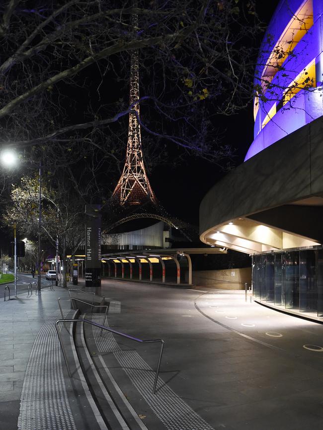 Melbourne’s Hamer Hall is deserted after 8pm yesterday. Picture: Josie Hayden