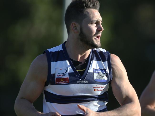 Melbourne Australia - July1 James Siakavelis of Doncaster with the ball during the EFL (Division 1) game between Norwood and Doncaster played at Mullum reserve July 1, 2017.Picture: Stuart Milligan