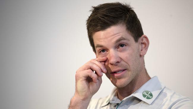 Tim Paine announces on Friday that he was stepping down as Australian Test cricket captain. Picture: Chris Kidd