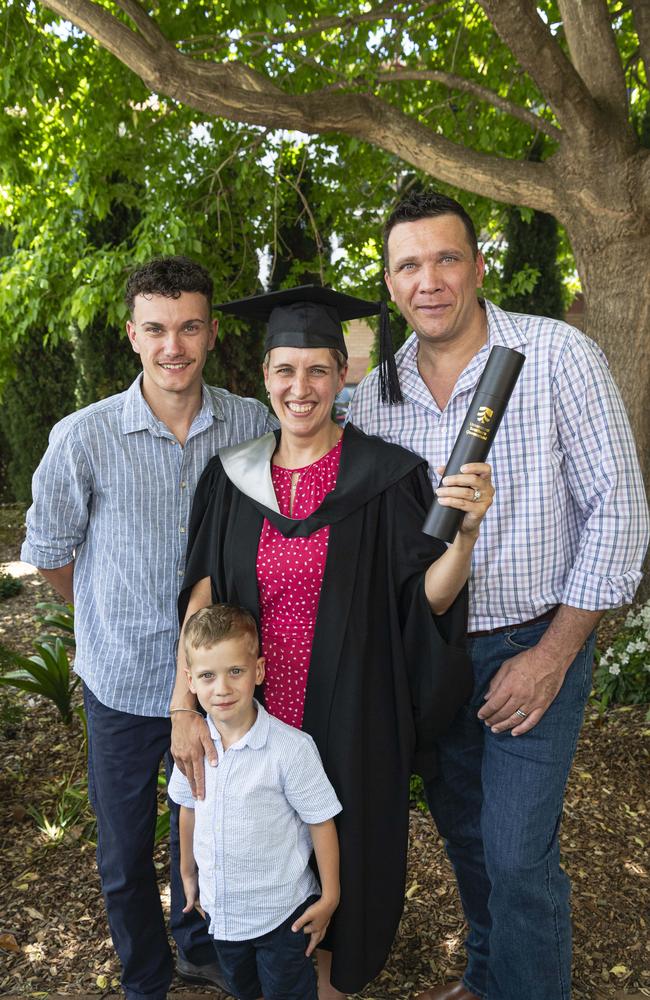 Bachelor of Business graduate Bianca Viljoen with husband Christiaan Viljoen and their sons Janus and Stebastiaan (front) at a UniSQ graduation ceremony at The Empire, Tuesday, October 29, 2024. Picture: Kevin Farmer