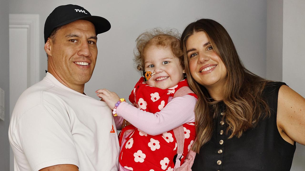 Laura and Brad Clark with their three-year-old daughter Lola, who had a positive update on her leukaemia battle this week. Picture: Sam Ruttyn