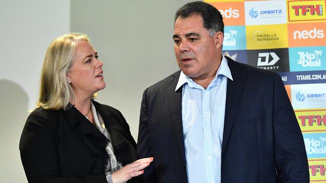 Titans co-owner Rebecca Frizelle and Mal Meninga, who is the club’s head of high performance and culture. Picture: AAP Image/Darren England