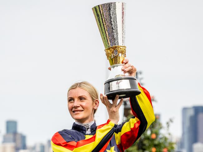 Derby Day, Flemington. 2024. Jamie Kah steers Goldrush Guru to Victoria Derby win. Picture: Jake Nowakowski