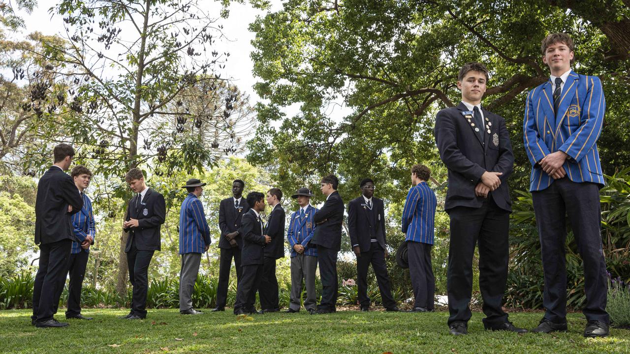 St Mary's College captain Ethan Payne and Toowoomba Grammar School year 12 student Steven Crocker stand with fellow senior students as the two schools form a student-led domestic violence committee and launch an educational video, Friday, October 18, 2024. Picture: Kevin Farmer