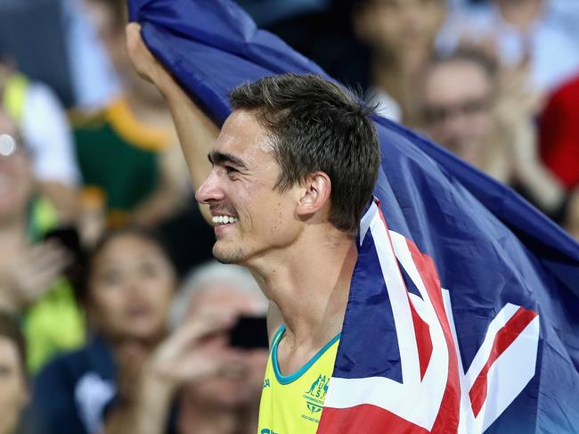 GOLD COAST, AUSTRALIA - APRIL 11:  Brandon Starc of Australia celebrates winning gold in the Men's High Jump final during athletics on day seven of the Gold Coast 2018 Commonwealth Games at Carrara Stadium on April 11, 2018 on the Gold Coast, Australia.  (Photo by Cameron Spencer/Getty Images)