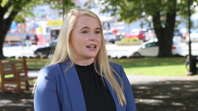 Labor member for Franklin Meg Brown speaks to the media on Parliament Lawns in Hobart on Tuesday, April 9, 2024.