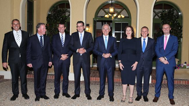 PM Malcolm Turnbull welcomes state and territory leaders for dinner at The Lodge ahead of the COAG meeting in Canberra. Picture: Ray Strange.