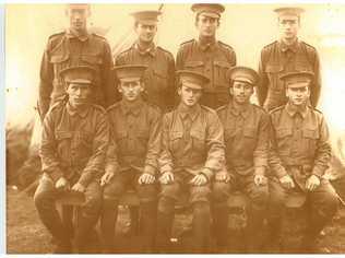 WE WILL REMEMBER THEM: Gunner Arthur Ernest Maher, DCM, MM and bar.(front row second from left) joined up on 19.1.1915 aged 24. Many of his comrades-in-arms in this photo are believed to have been killed on the Western Front. Picture: Supplied