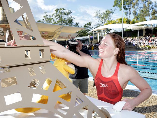 Mollie O'Callaghan rings the bell at the St Peters Western Mock Olympics. Picture: Steve Pohlner