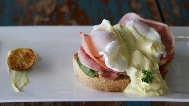 Woodbox Cafe in West Burleigh. Eggs Benedict. Pic by Luke Marsden.