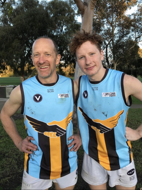 Hawthorn Amateurs 50-year-old key defender Phil Avery pictured after his VAFA comeback game in the seniors alongside son Eamonn. (supplied)