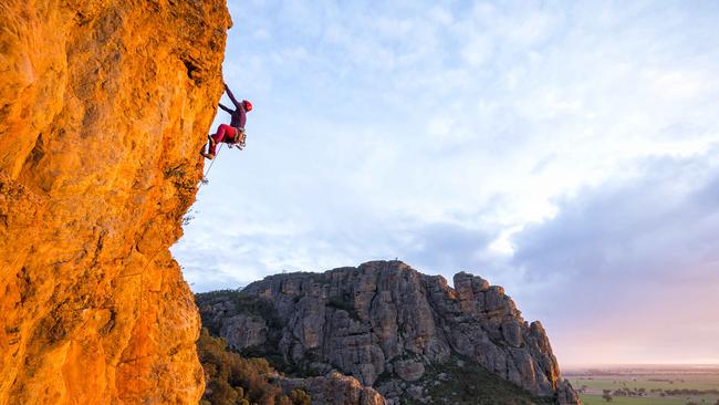 Tzvia Iljon climbing Jen's Roof at Mount Arapiles, Victoria.