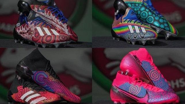 Some of the custom Indigenous boots worn by South Sydney Rabbitohs players in their Indigenous round NRL clash against St George Illawarra Dragons on Thursday, July 30, 2020.