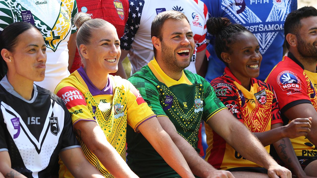 Australian captain Wade Graham (centre) during the Rugby League World Cup 9s launch at the Royal Botanical Gardens, Sydney. Picture: Brett Costello
