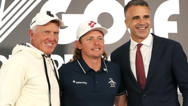 ADELAIDE, AUSTRALIA - APRIL 20: Greg Norman, Commissioner of Liv with Captain of the Ripper team, Cameron Smith and the Premier of South Australia Peter Malinauskas ahead of Liv Golf Adelaide at The Grange Golf Club on April 20, 2023 in Adelaide, Australia. (Photo by Sarah Reed/Getty Images)