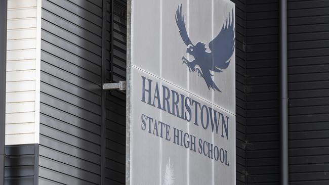 Police at Harristown State High School as it was placed in lockdown after threats were allegedly made to the school. Picture: Kevin Farmer